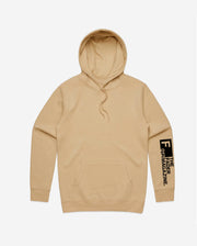 front of tan hoodie with The FADER Magazine on left sleeve