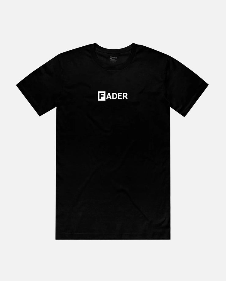 front of black tee with the FADER logo on chest 
