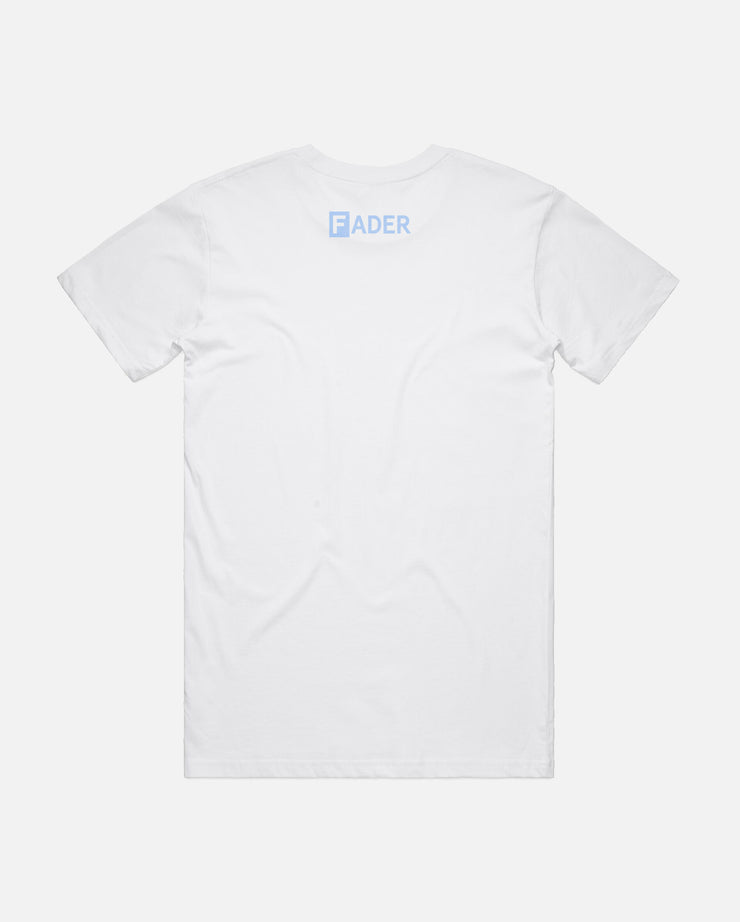 back of white tee with the FADER logo on collar 