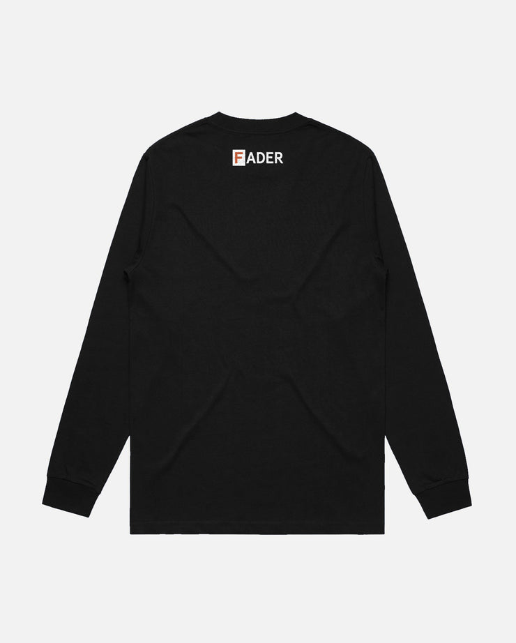 back of black long sleeve with the FADER logo on collar
