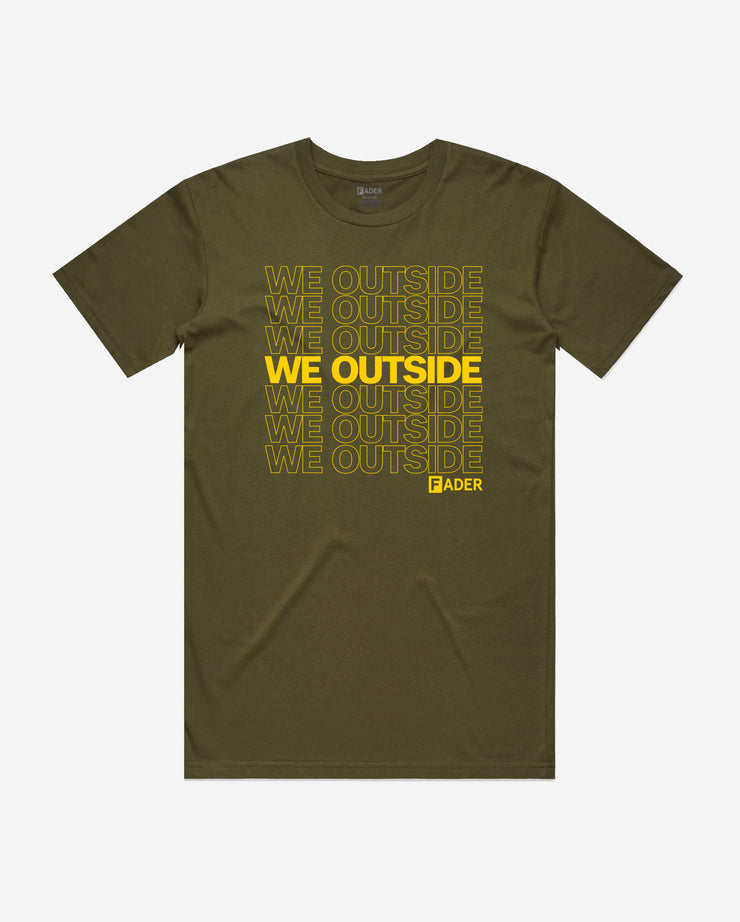 olive tee with "we outside" repeated on it