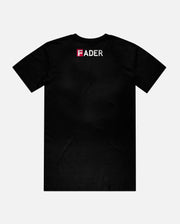 back of black tee with the FADER logo on collar 