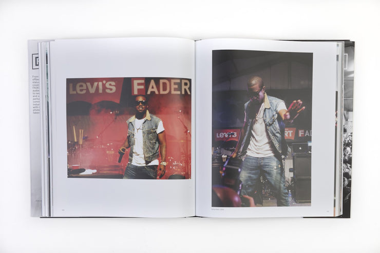 book opened to page of male artist on stage