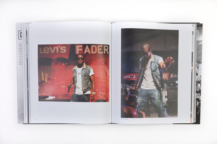 book opened to pages of male artist on stage 